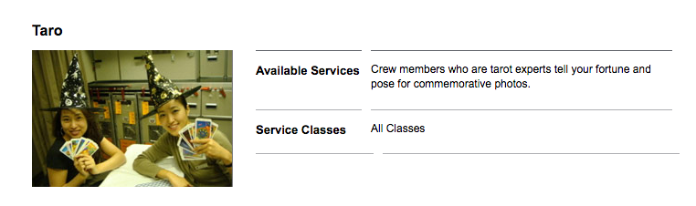 Serviço de tarô está disponível em voos específicos e para todas as classes. Imagem: Reprodução/Asiana