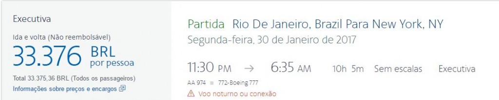 Tela mostra valor de passagem ida e volta do Rio de Janeiro a Nova York pela American Airlines. Foto: reprodução